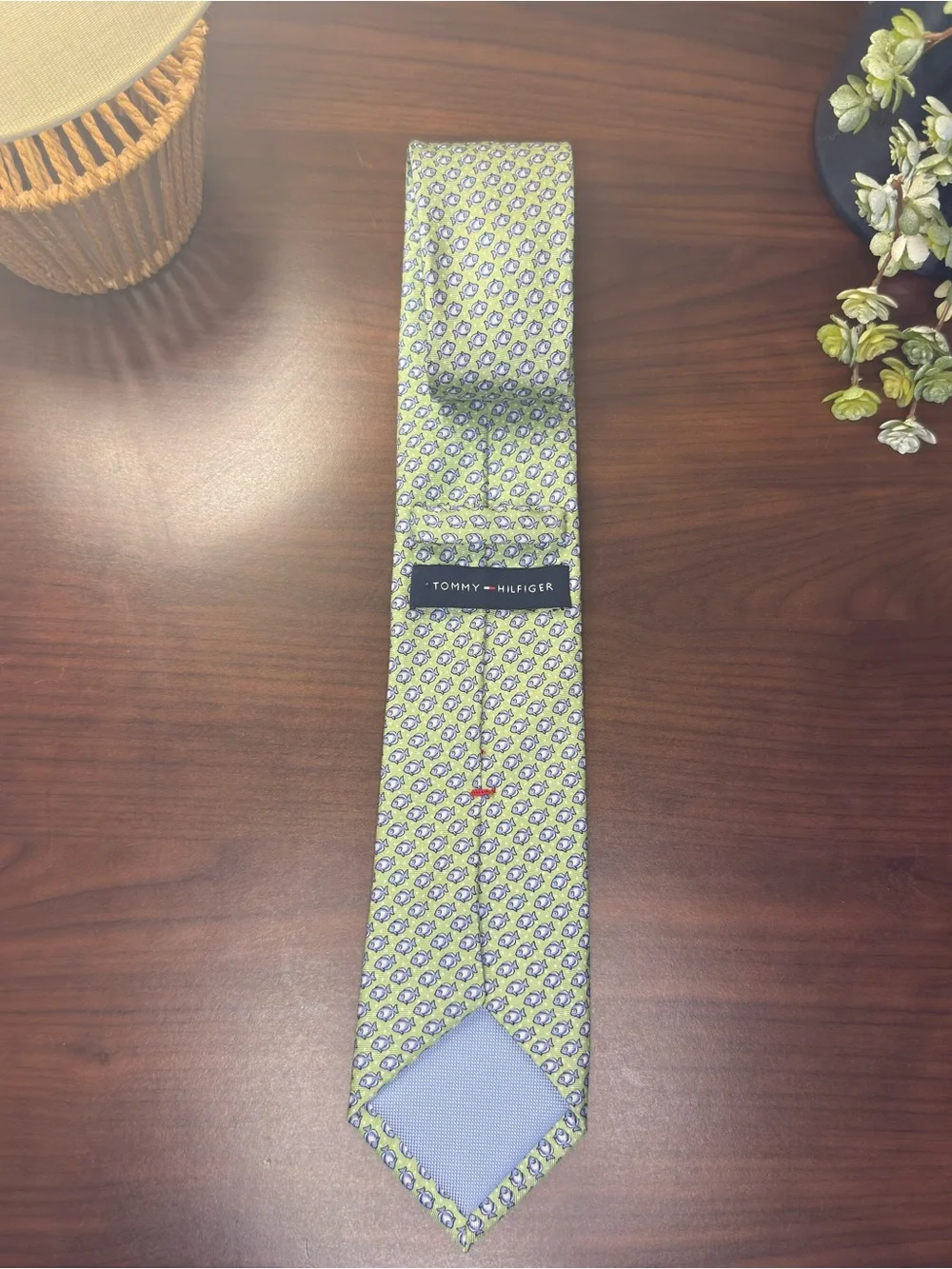 Tommy Hilfiger Light Green Tie with Blue and White Fish Pattern